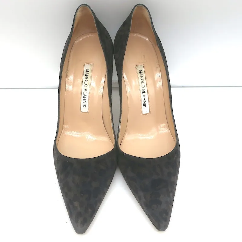 Manolo Blahnik BB 90 Pumps Gray Leopard Print Suede Size 37 Pointed Toe Heels