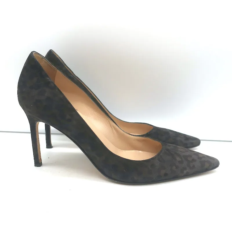 Manolo Blahnik BB 90 Pumps Gray Leopard Print Suede Size 37 Pointed Toe Heels