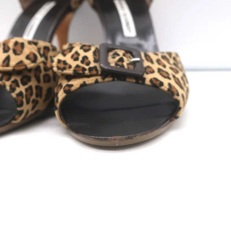 Manolo Blahnik Leopard d’Orsay Pumps Brown Suede Size 37.5 Open Toe Heels