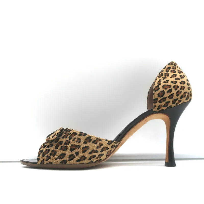 Manolo Blahnik Leopard d’Orsay Pumps Brown Suede Size 37.5 Open Toe Heels