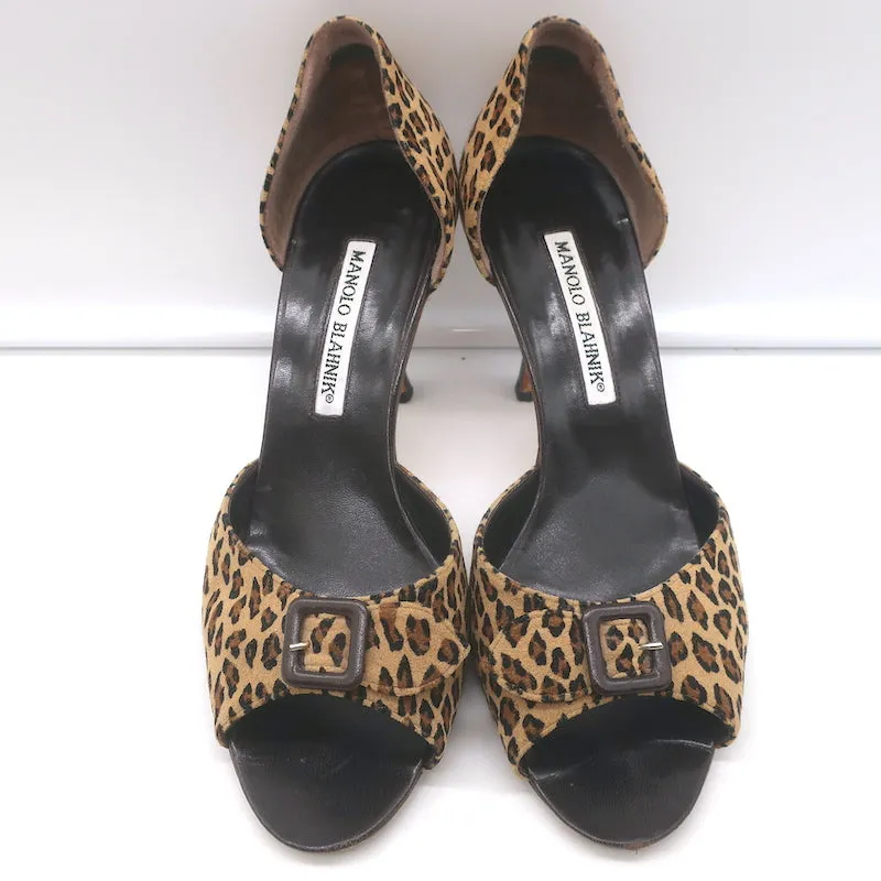 Manolo Blahnik Leopard d’Orsay Pumps Brown Suede Size 37.5 Open Toe Heels