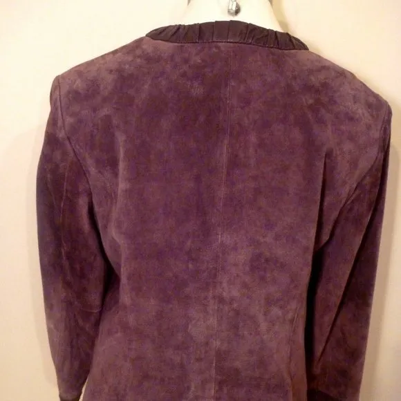 Medium 10 Soft Real Suede Leather Trim Over Coat Blazer Burgundy Vintage Jacket