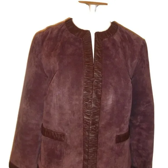 Medium 10 Soft Real Suede Leather Trim Over Coat Blazer Burgundy Vintage Jacket