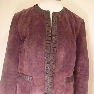 Medium 10 Soft Real Suede Leather Trim Over Coat Blazer Burgundy Vintage Jacket