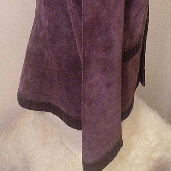 Medium 10 Soft Real Suede Leather Trim Over Coat Blazer Burgundy Vintage Jacket