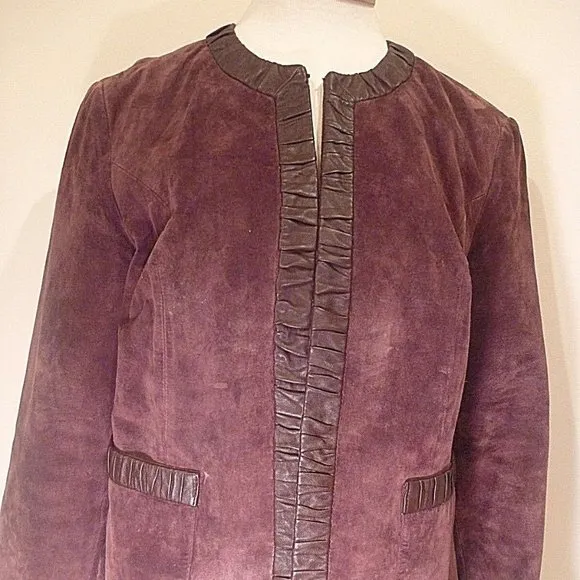 Medium 10 Soft Real Suede Leather Trim Over Coat Blazer Burgundy Vintage Jacket