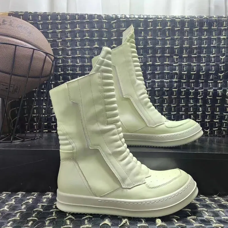 Men And Women Boots Motorcycle Mid-high Genuine Leather Chelsea Shoes
