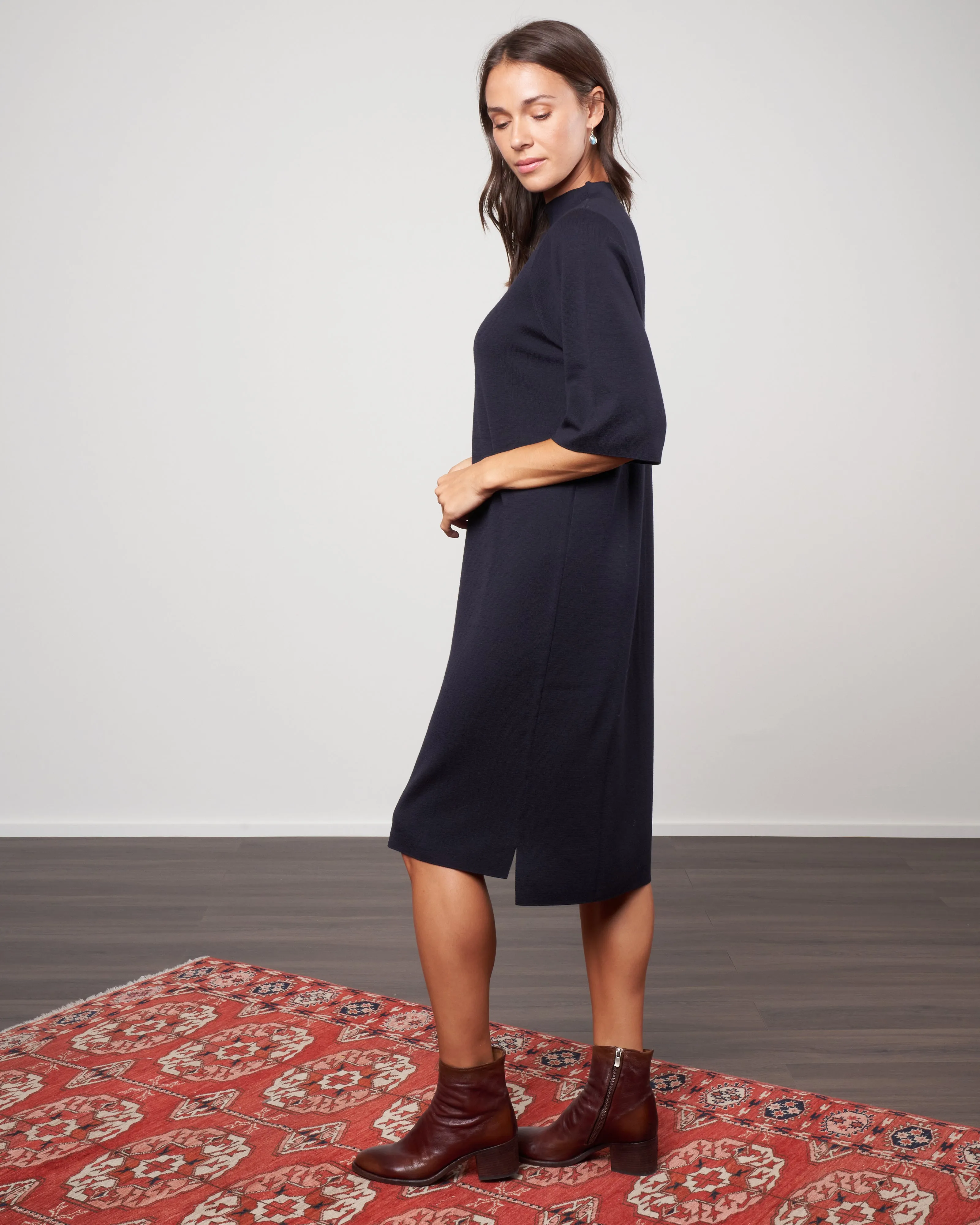 merina elbow sleeve high neck dress - deep night