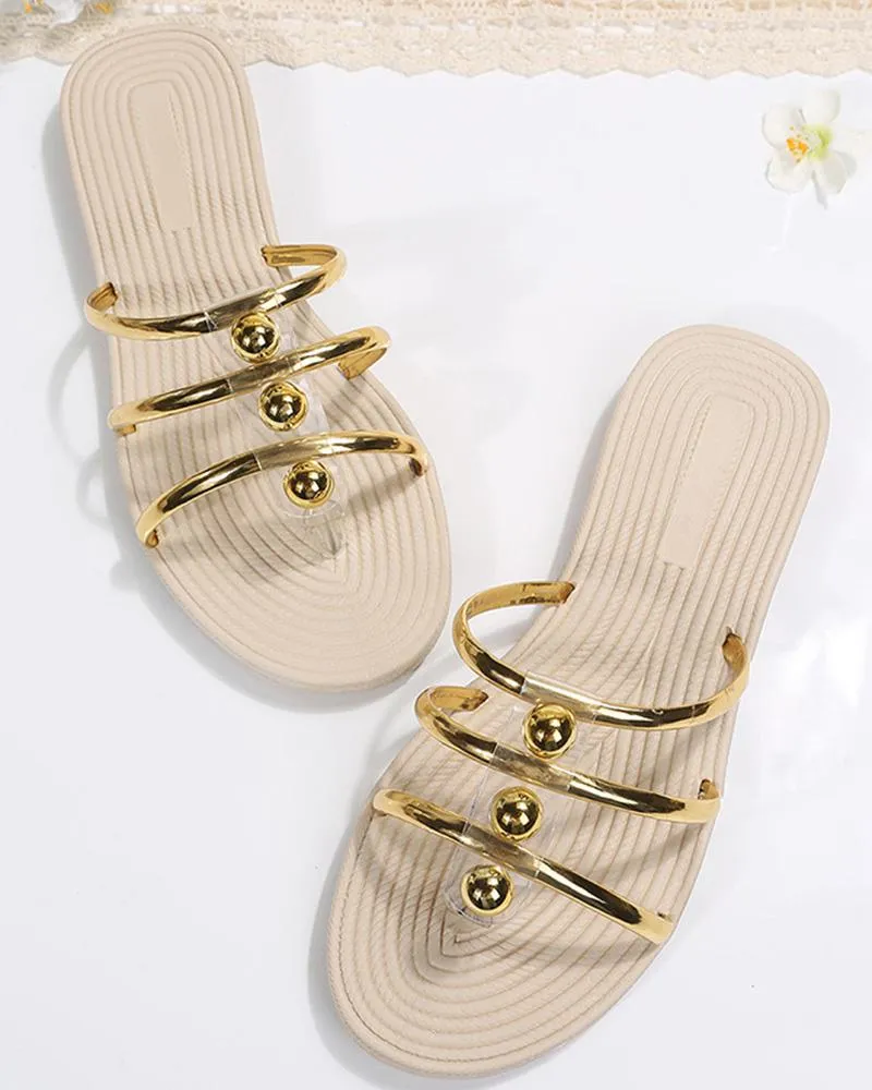 Multi Strap Pearls Decor Hollow Out Beach Slippers