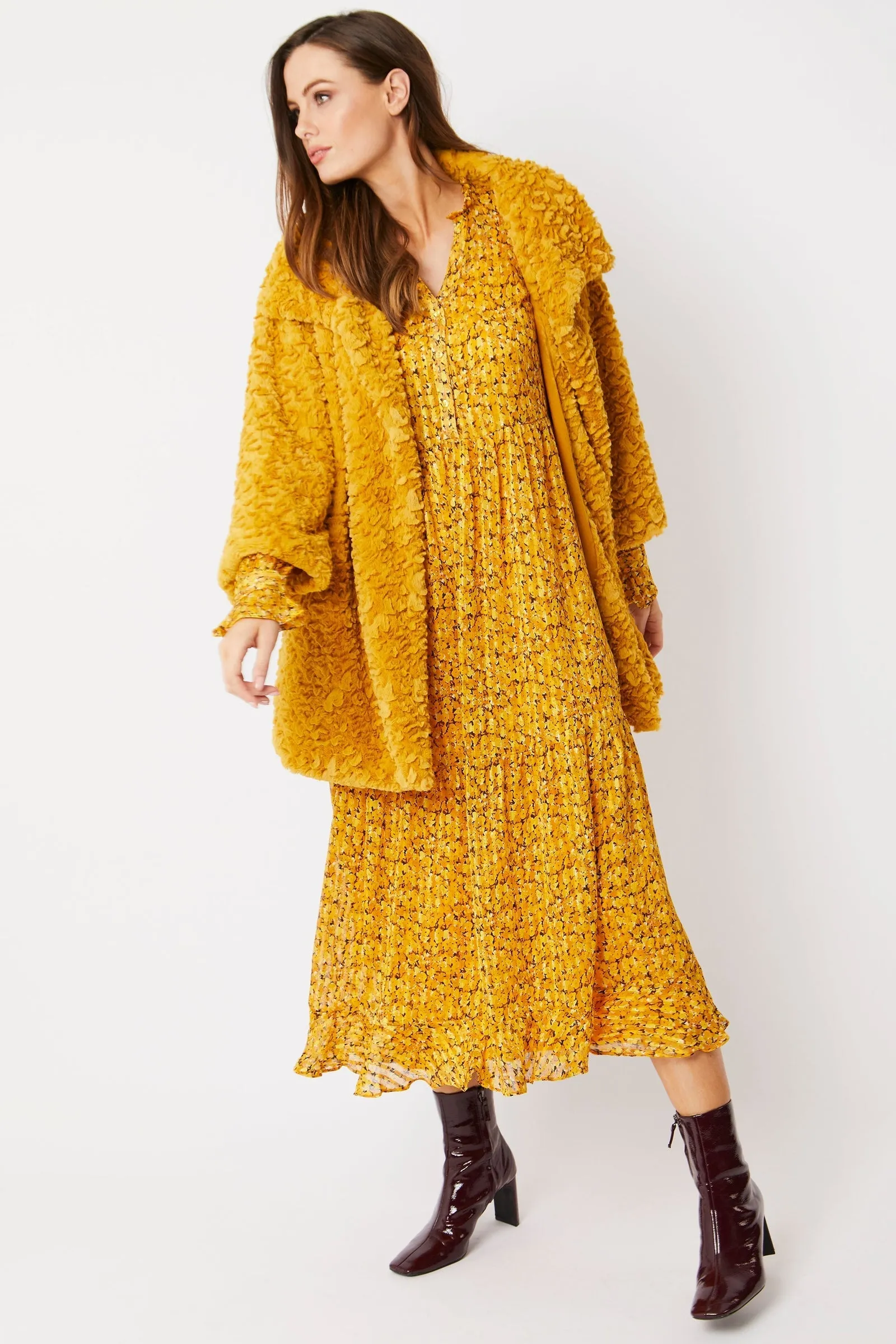 Mustard Luxurious Faux Fur Coat