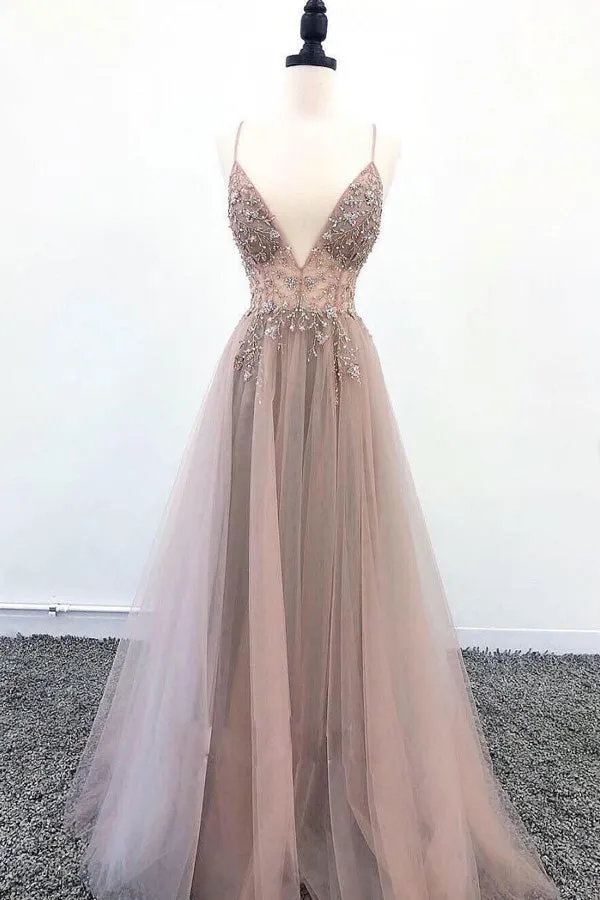 New Light Grey Blush V-neck Spaghetti Straps Open Back Prom Dresses with Split, SP509