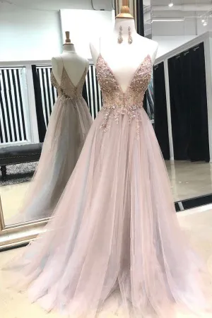 New Light Grey Blush V-neck Spaghetti Straps Open Back Prom Dresses with Split, SP509