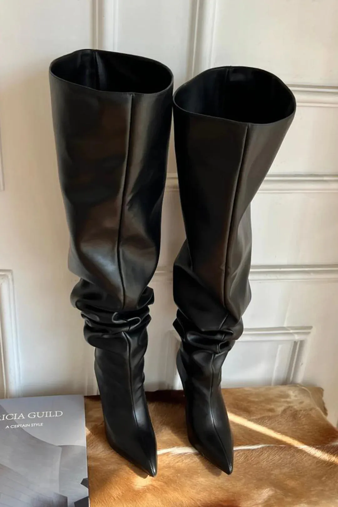 New Micas Faux Leather Wide-calf High-heeled Knee-high Boots, Black, Sz 7! Retails $65 
