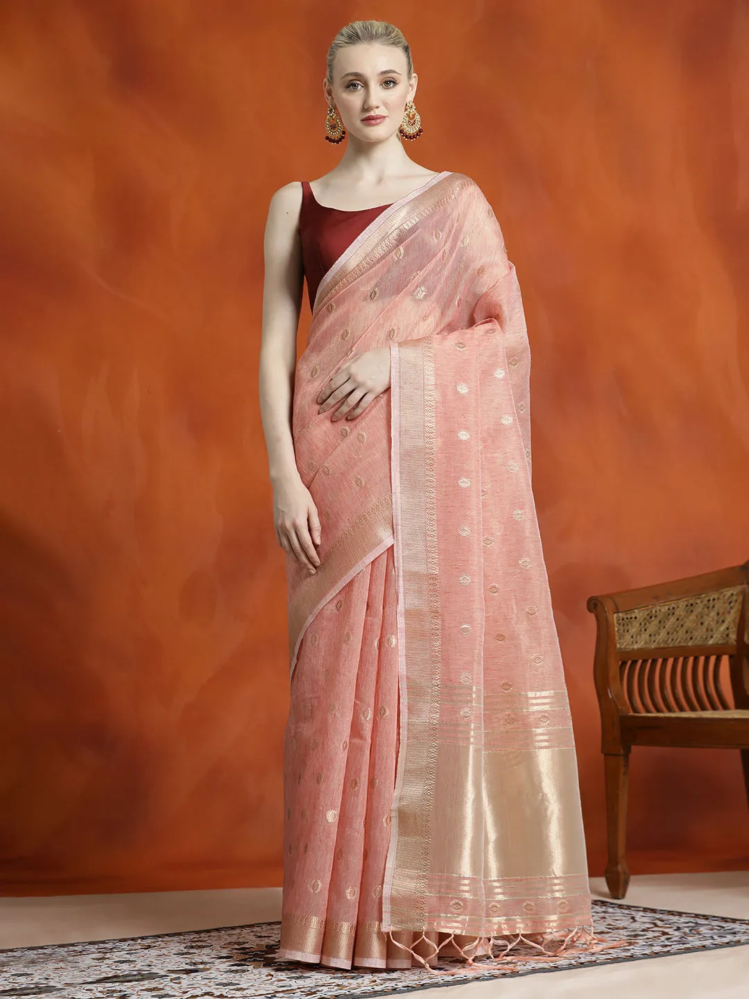 Peach Zari Woven Banarasi Organza Saree