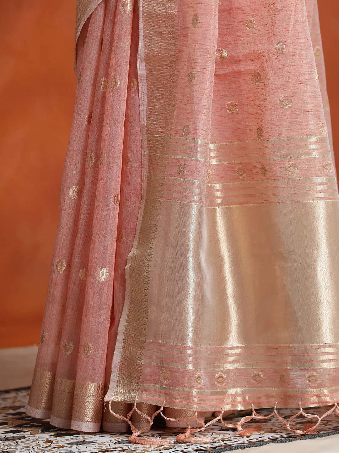 Peach Zari Woven Banarasi Organza Saree