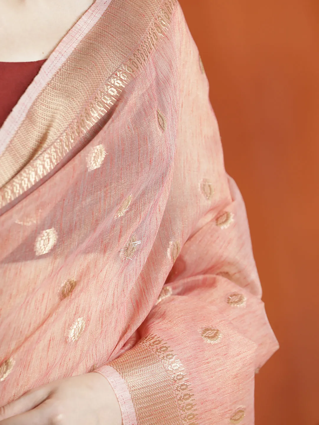 Peach Zari Woven Banarasi Organza Saree