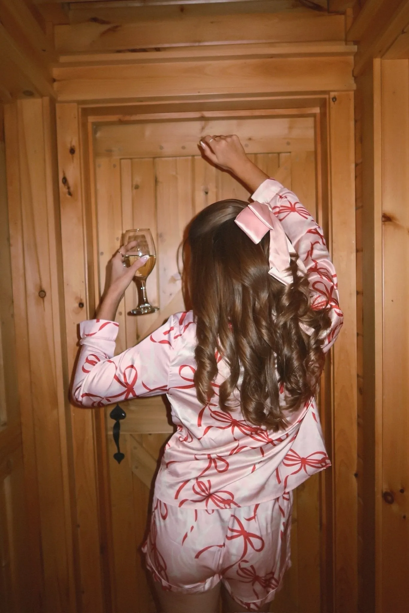 Pink Bow Tie Print Satin Pajama Set - FINAL SALE