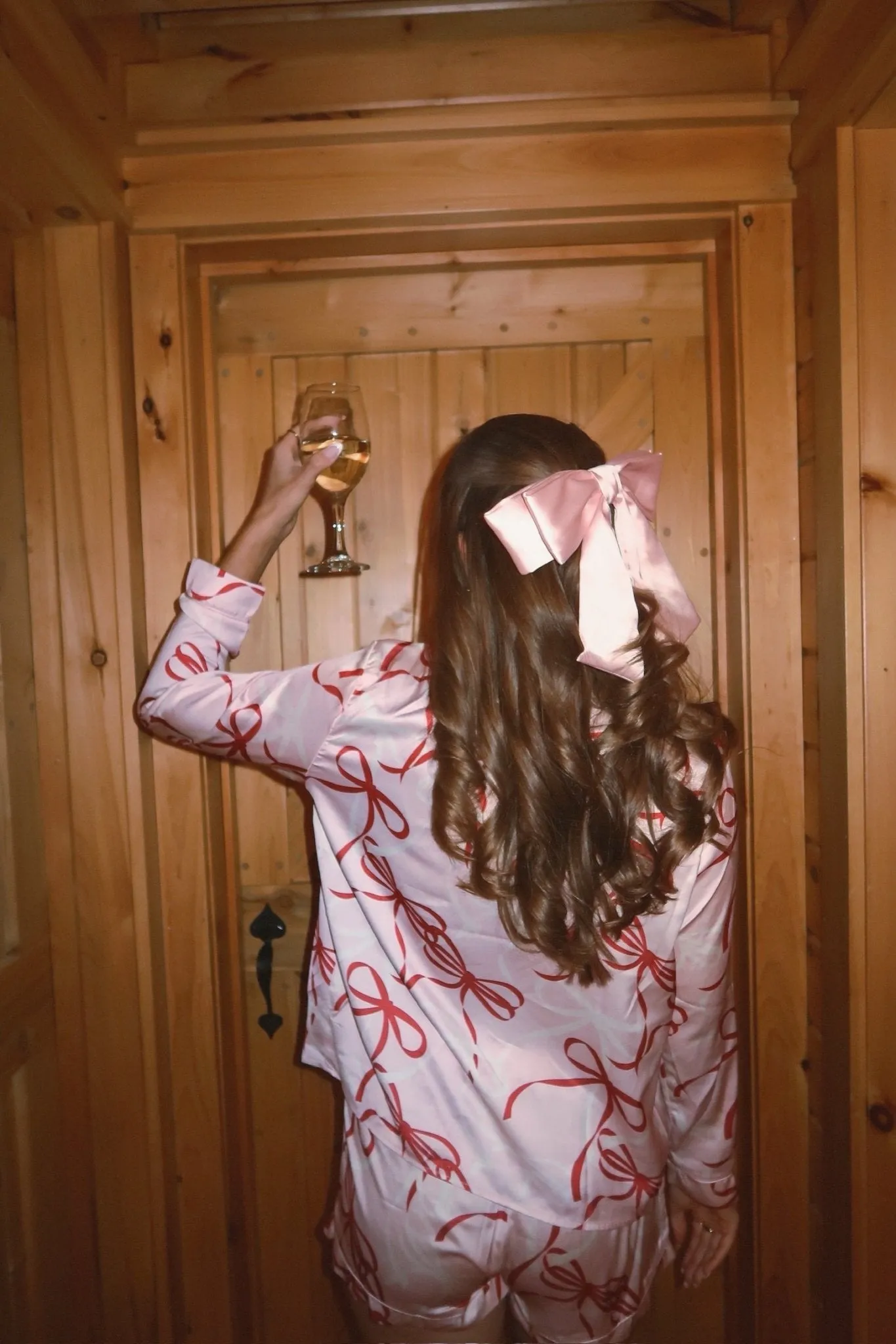 Pink Bow Tie Print Satin Pajama Set - FINAL SALE