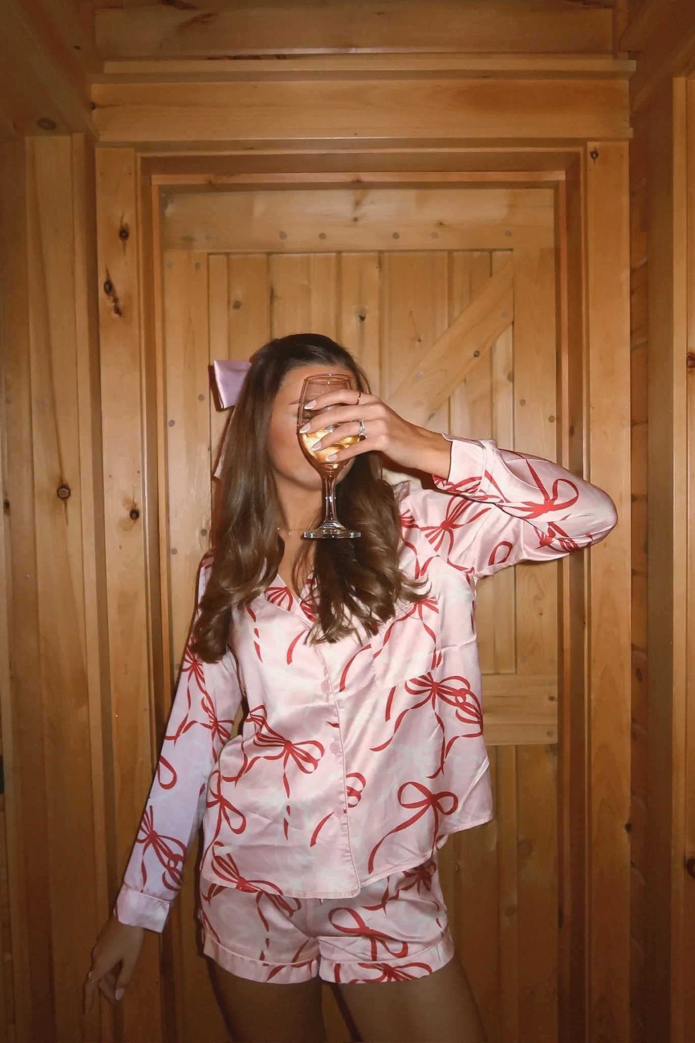Pink Bow Tie Print Satin Pajama Set - FINAL SALE