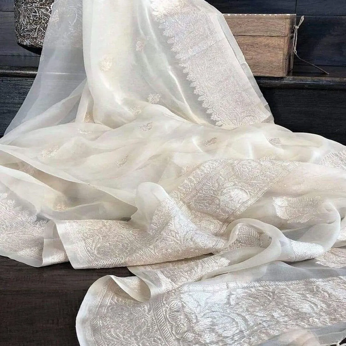 Pure White Banarasi Jaal Khaddi Georgette Saree