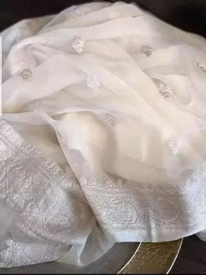 Pure White Banarasi Jaal Khaddi Georgette Saree