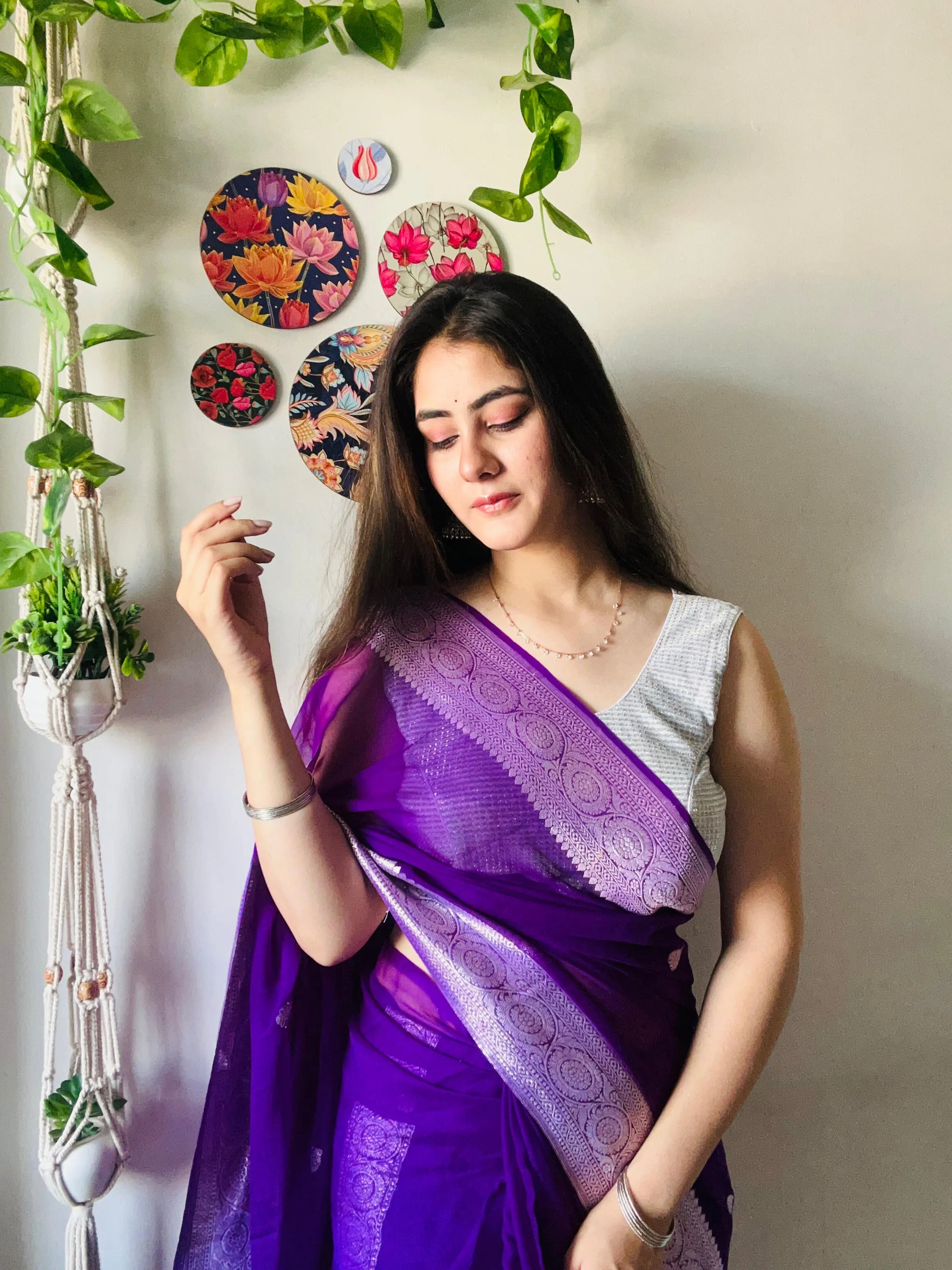 Purple Banarasi Khaddi Chiffon Saree