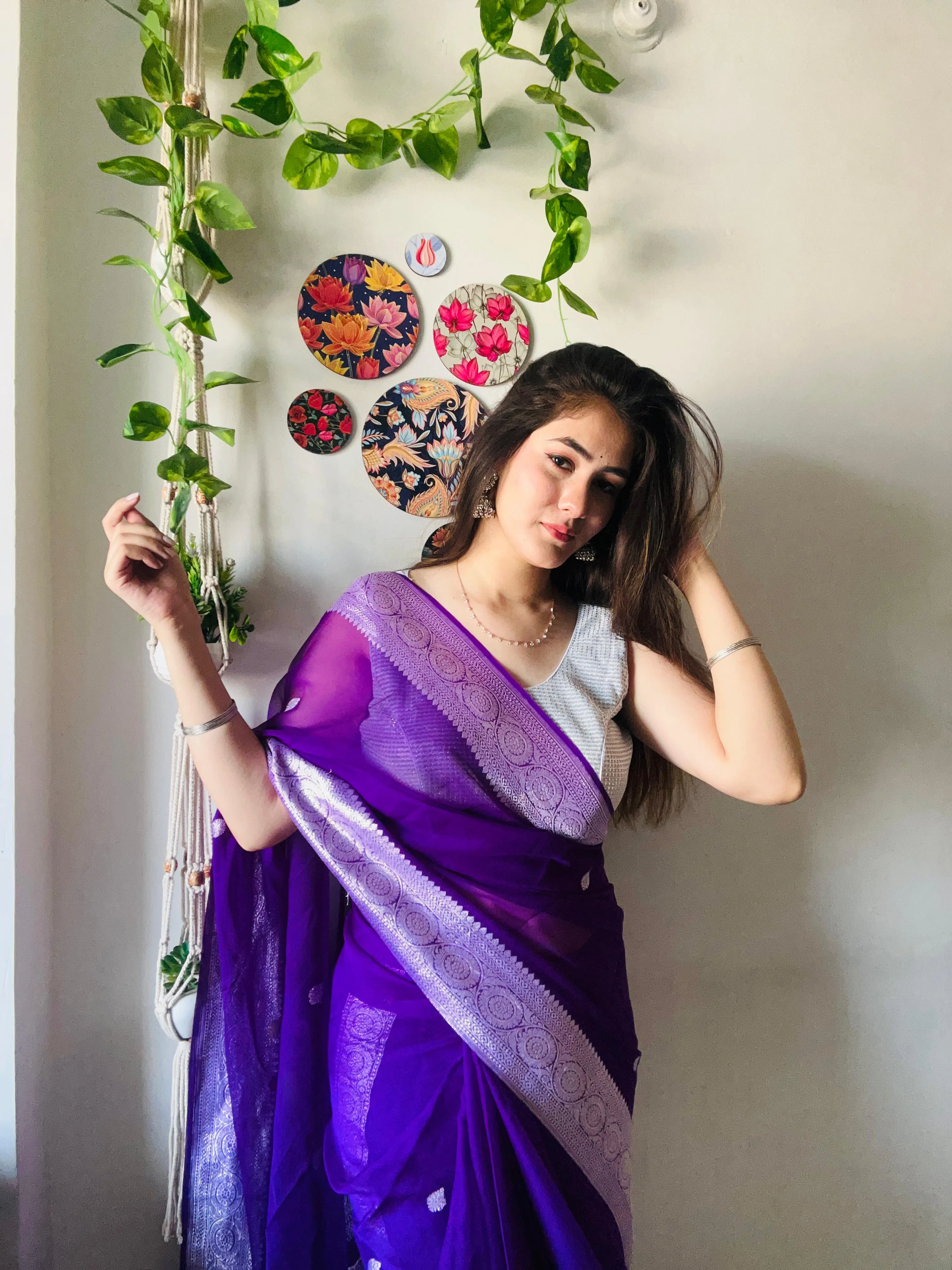 Purple Banarasi Khaddi Chiffon Saree