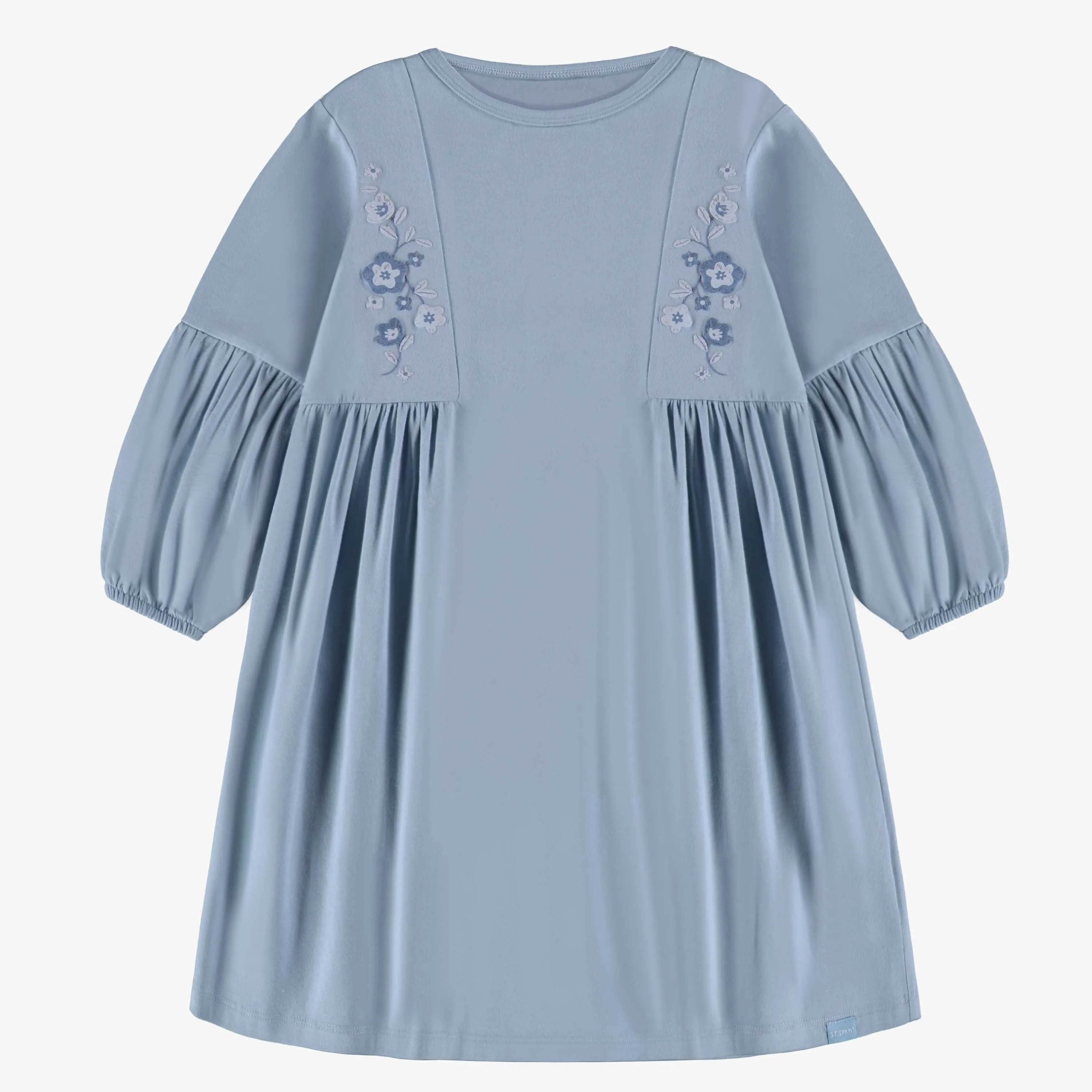 Robe bleue avec fronces en jersey extensible, enfant || Blue dress with gathers in stretch jersey, child
