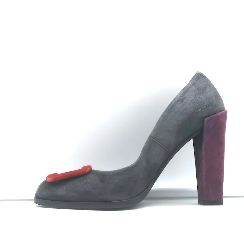 Roger Vivier Tricolor Buckle Pumps Gray/Red/Purple Suede Size 38