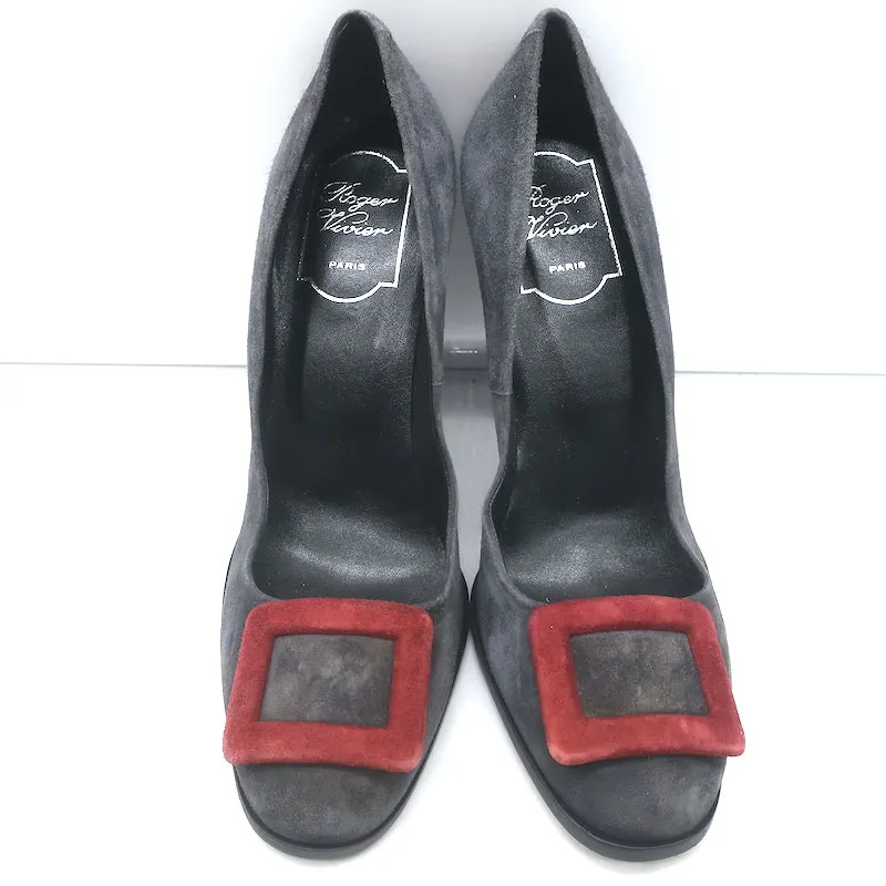 Roger Vivier Tricolor Buckle Pumps Gray/Red/Purple Suede Size 38