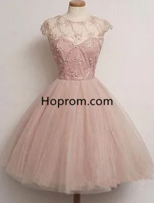 Round Neck Light Pink Beading Homecoming Dress, Tulle Short Dress