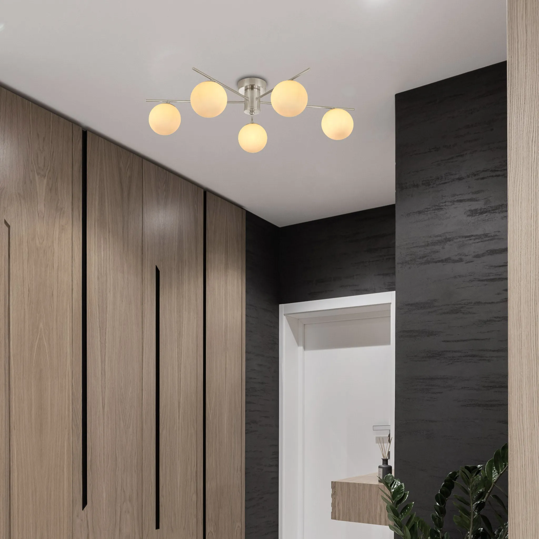 Salle 5 Light Modern Stainless Steel Flush Frosted Glass Ceiling Light