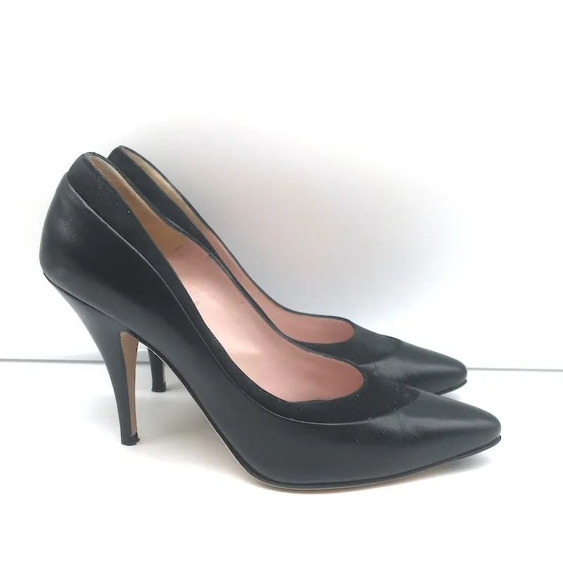 Salvatore Ferragamo Pumps Black Suede-Trimmed Leather Size 8 Pointed Toe Heels