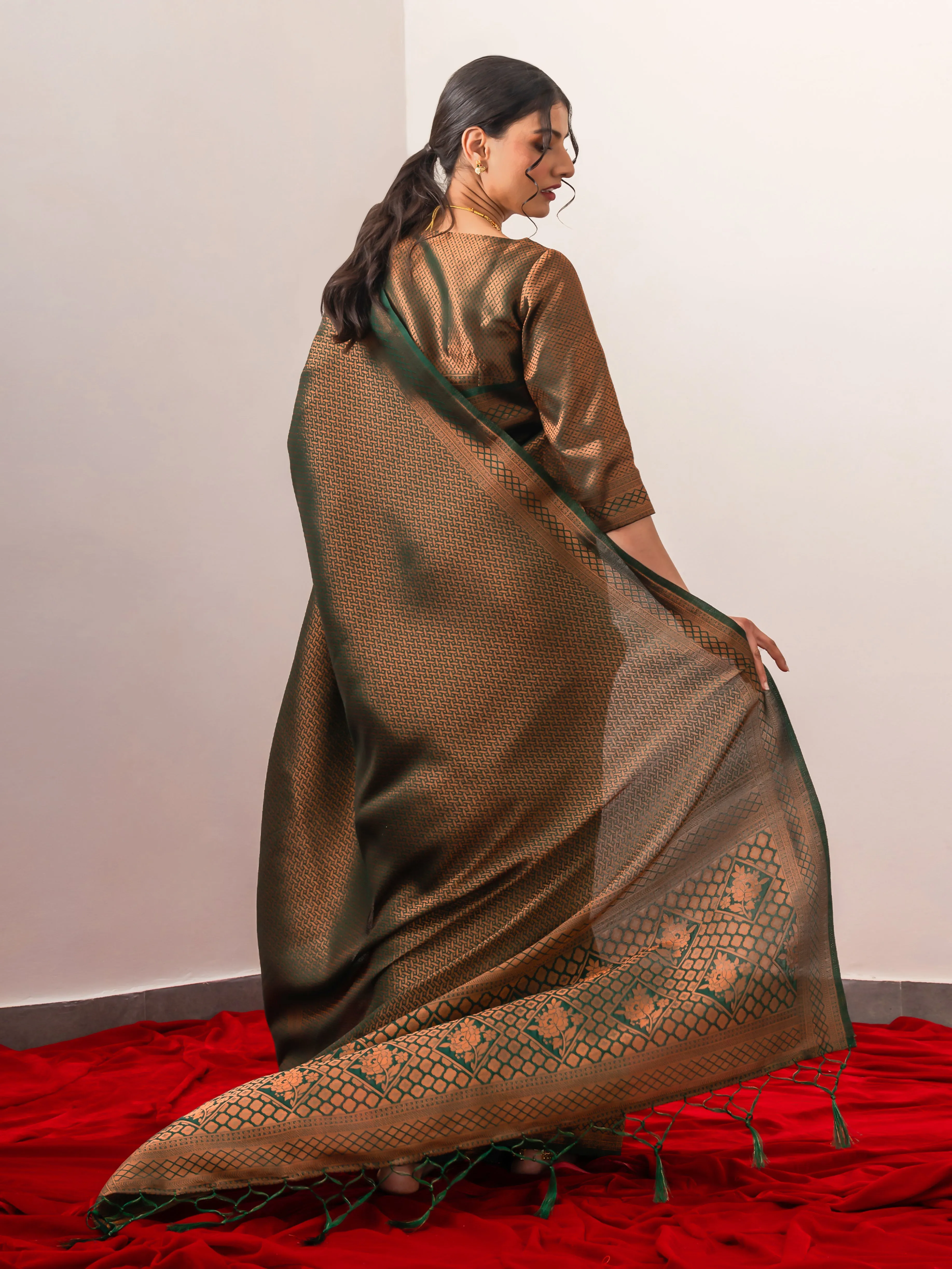Sana Green Jaal Work Soft Silk Saree with Blouse Fabric
