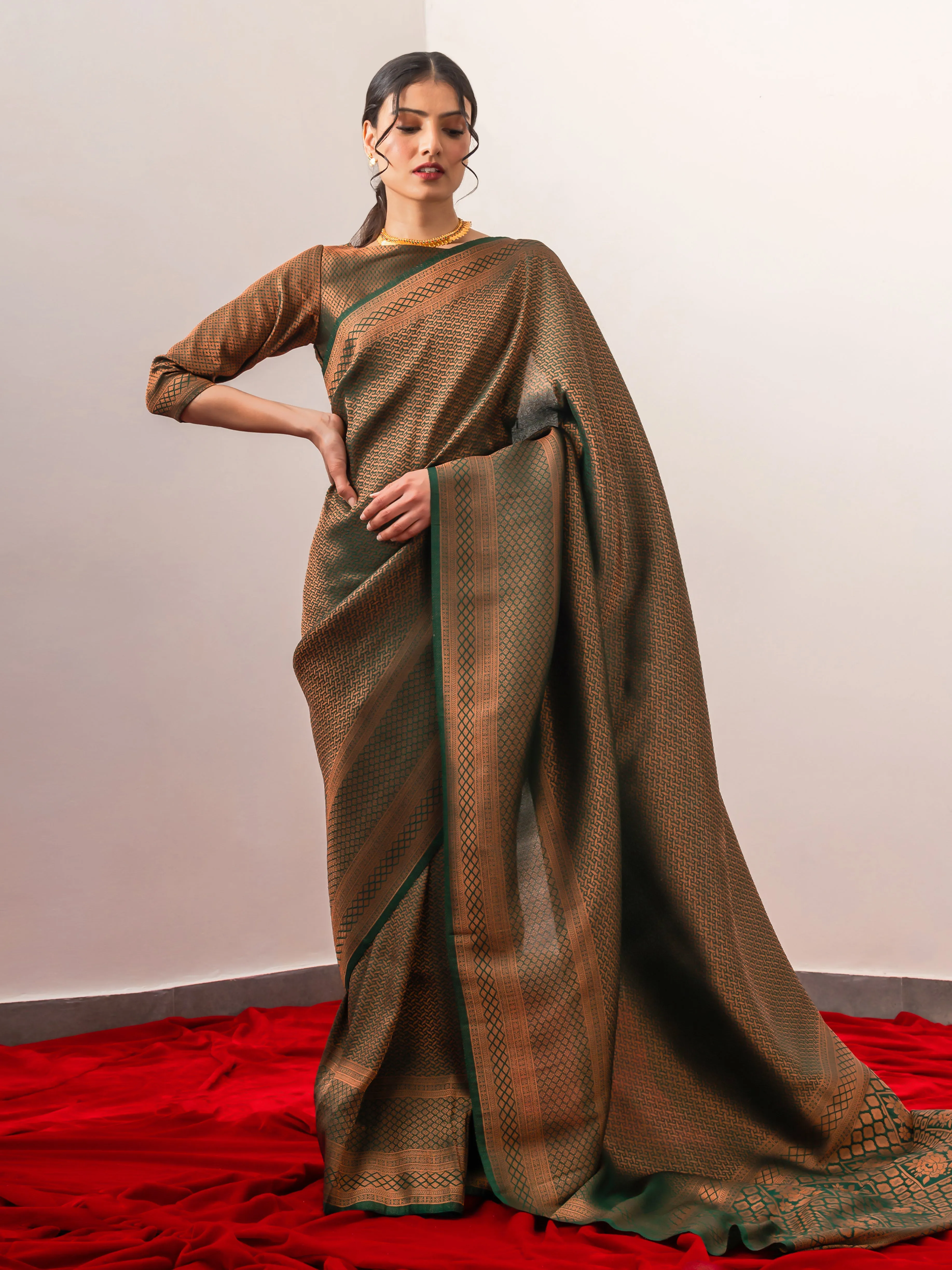 Sana Green Jaal Work Soft Silk Saree with Blouse Fabric