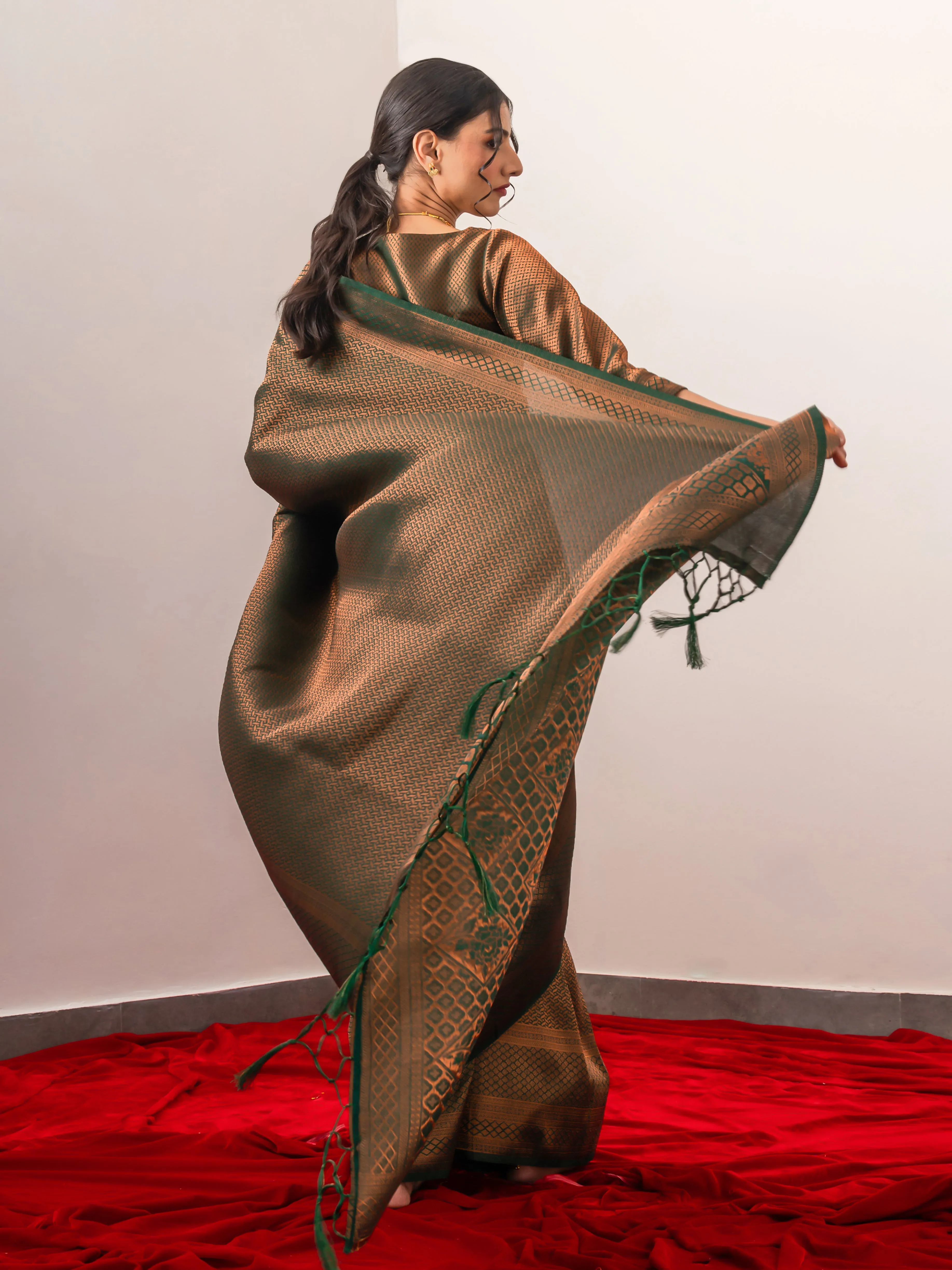 Sana Green Jaal Work Soft Silk Saree with Blouse Fabric