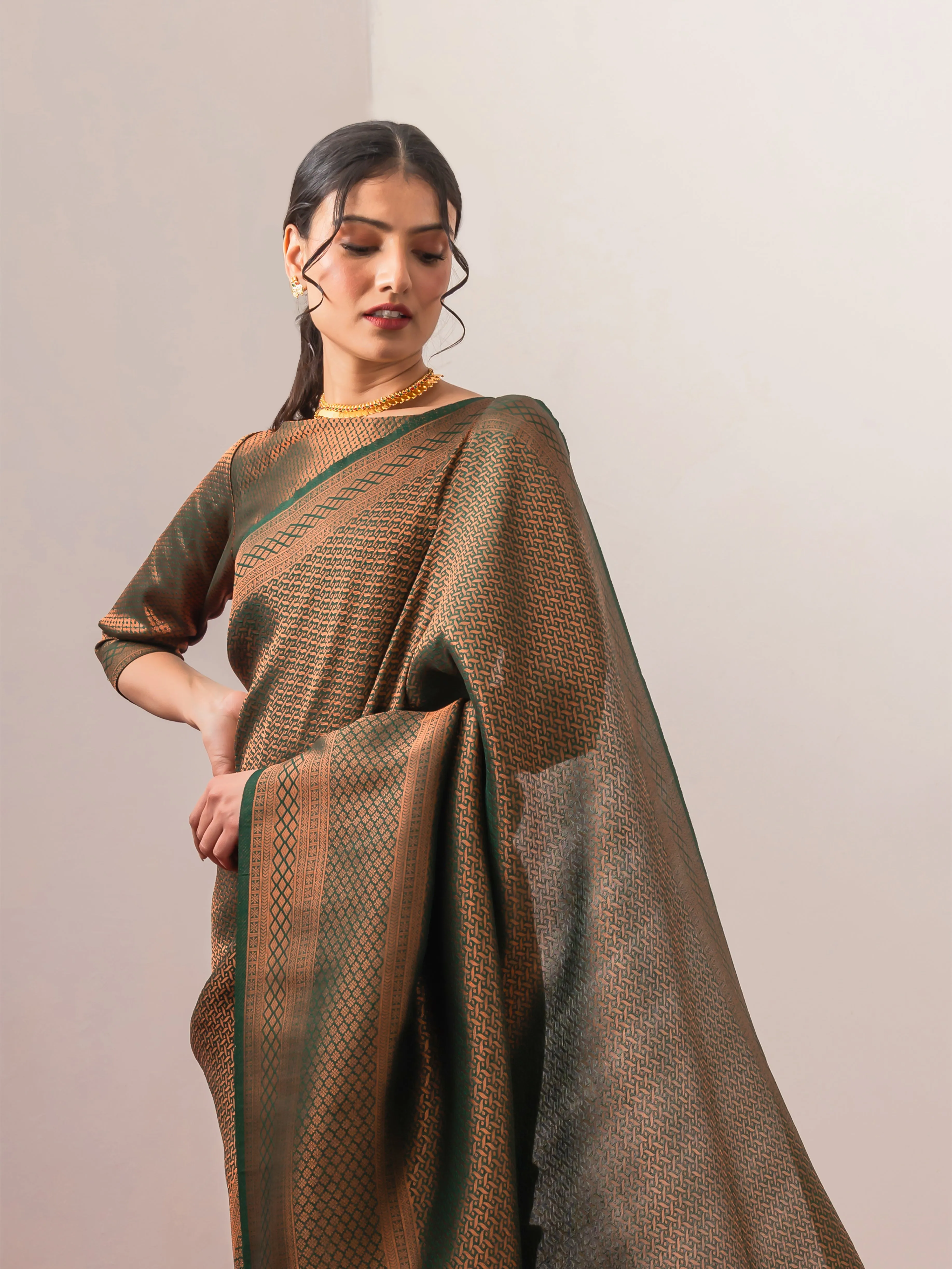 Sana Green Jaal Work Soft Silk Saree with Blouse Fabric