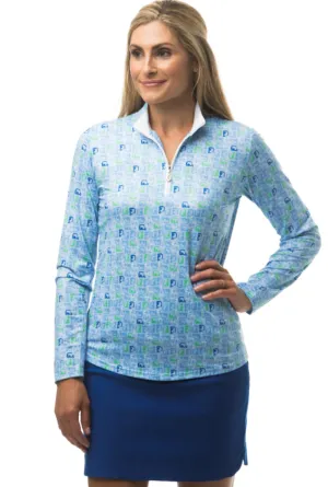 SanSoleil SolCool Print Zip Mock. 900463  Golf Cart Derby Blue | SPF 50