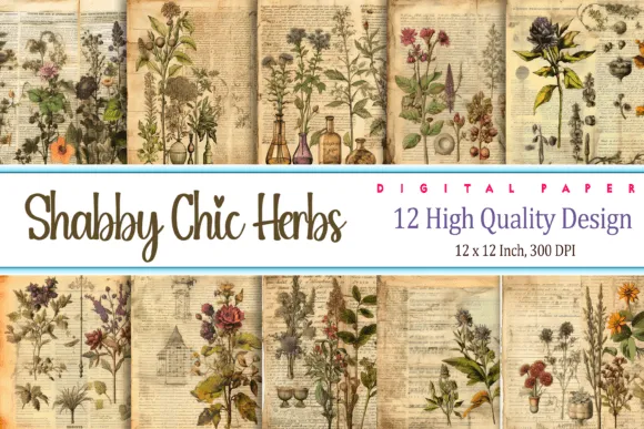 Shabby Chic Herbs Prints on Old Retro Vintage Paper, Ephemera, mini album, potion book, scrapbook, minimalist wall art, junk journal kit