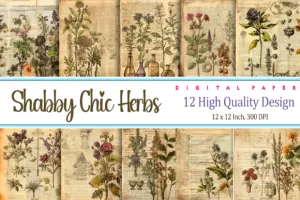 Shabby Chic Herbs Prints on Old Retro Vintage Paper, Ephemera, mini album, potion book, scrapbook, minimalist wall art, junk journal kit