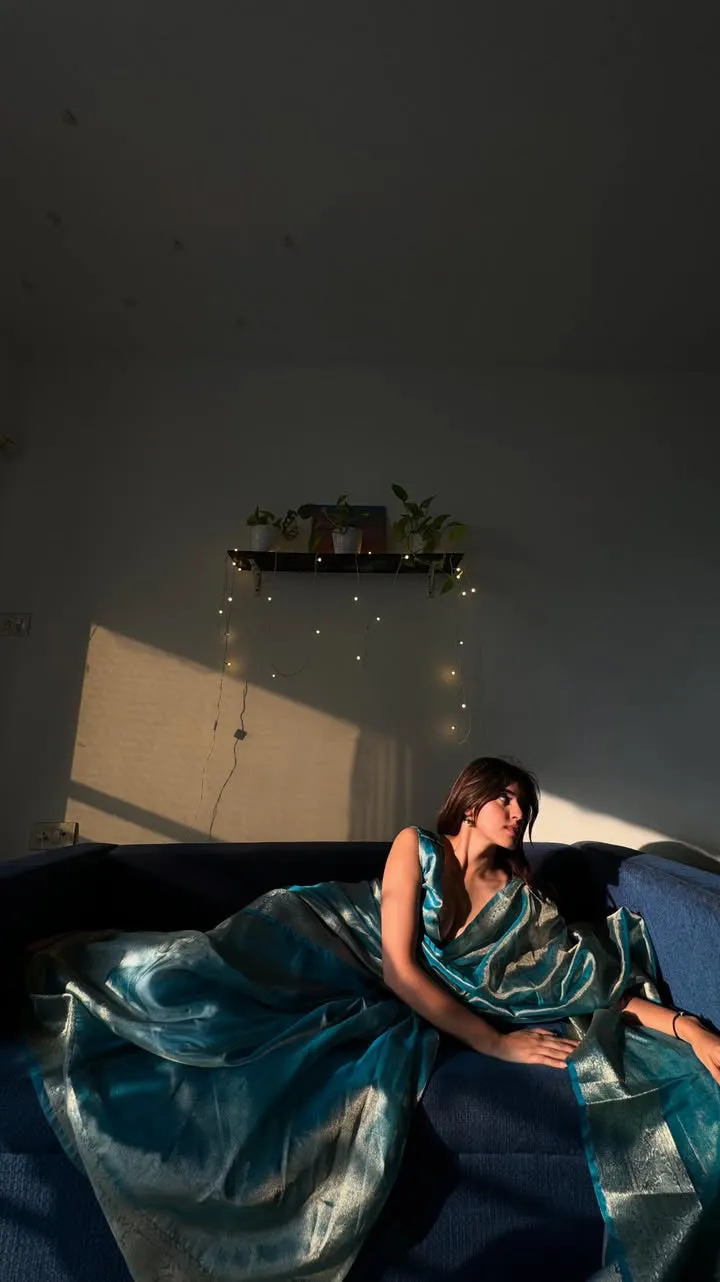 Shimmer Blue Banarasi Soft Tissue Saree