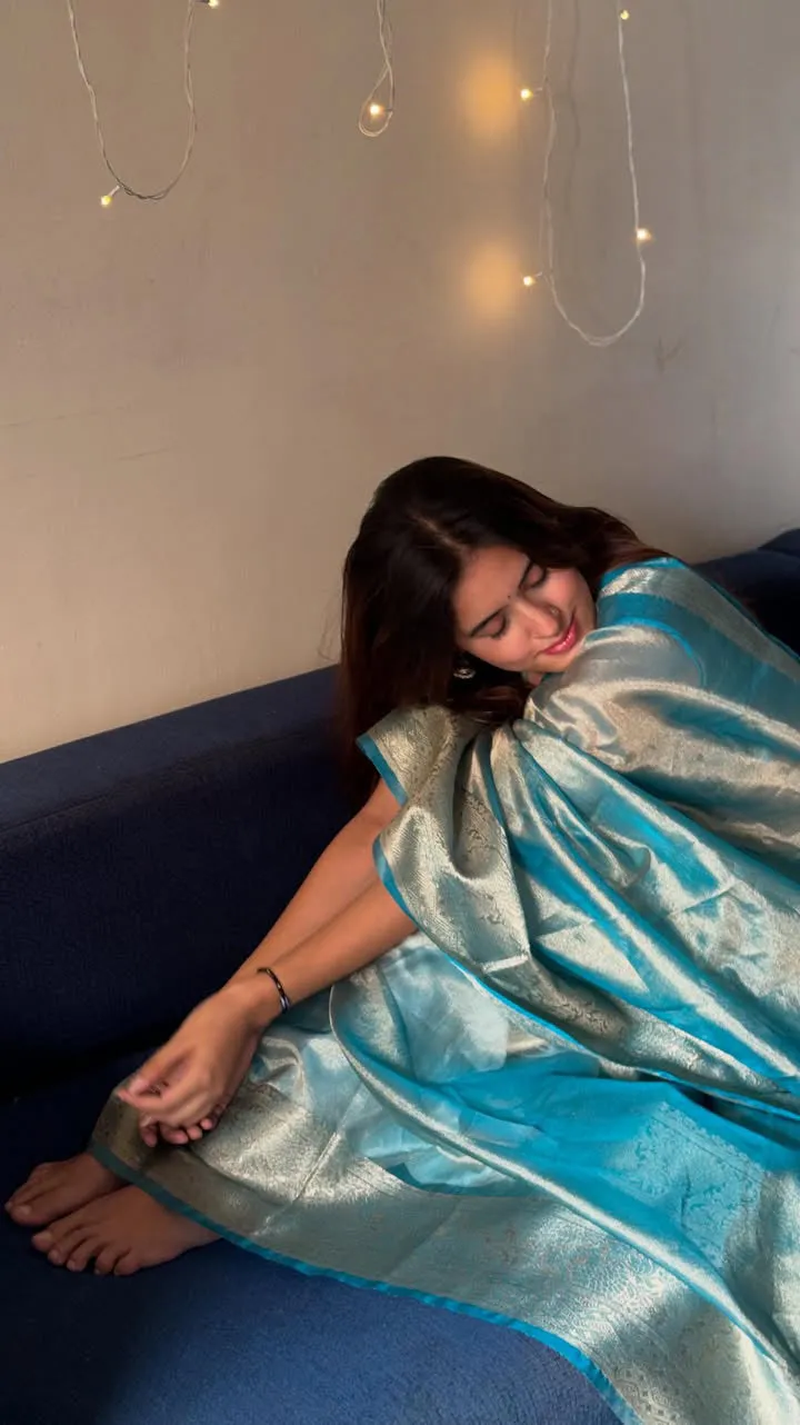 Shimmer Blue Banarasi Soft Tissue Saree