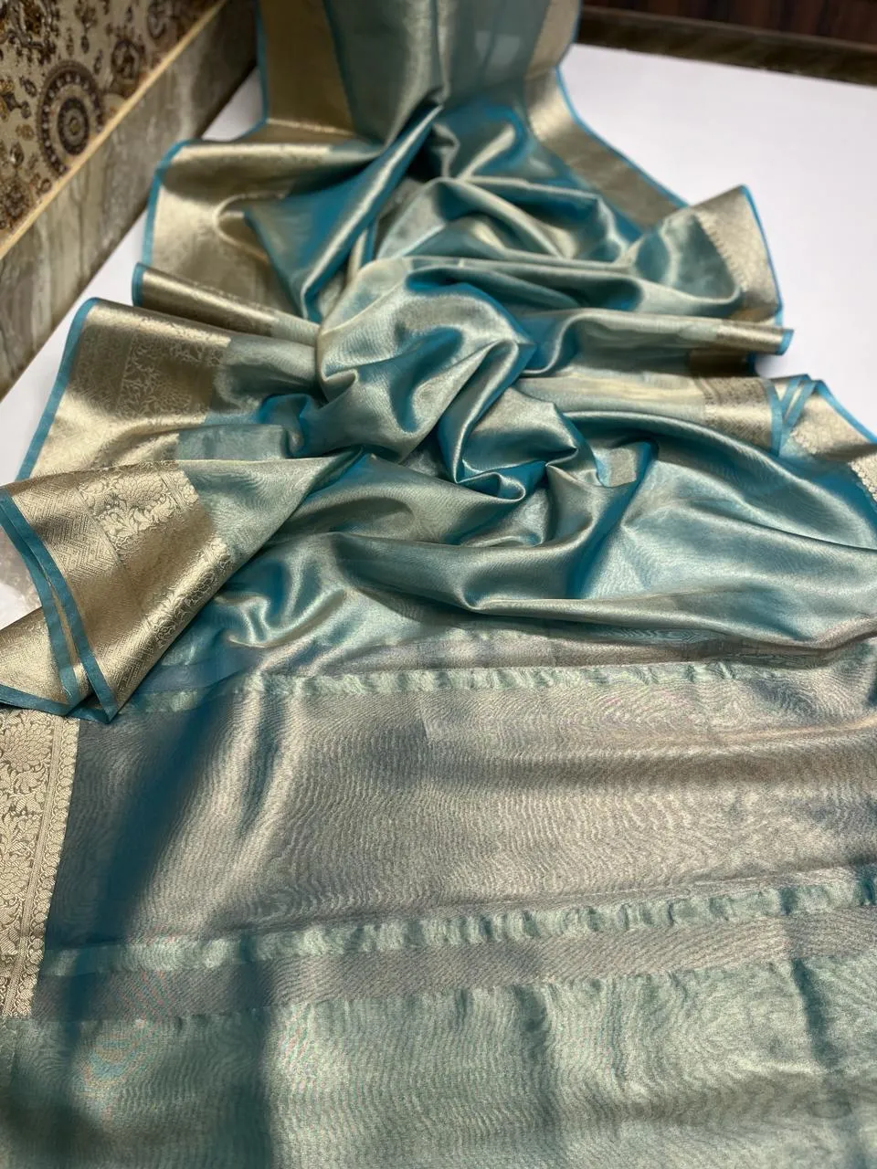 Shimmer Blue Banarasi Soft Tissue Saree