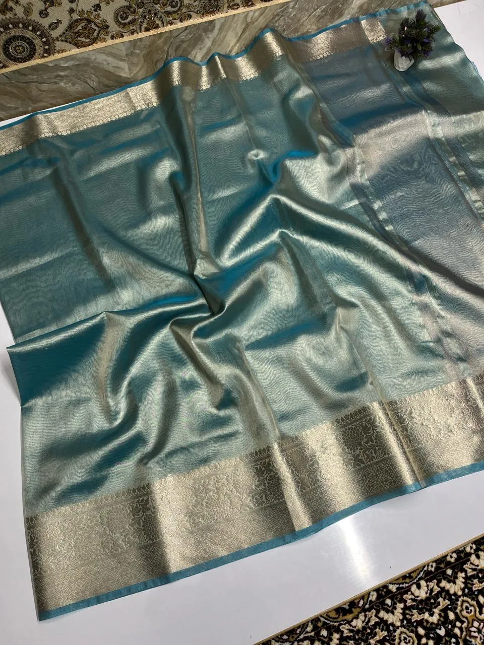 Shimmer Blue Banarasi Soft Tissue Saree
