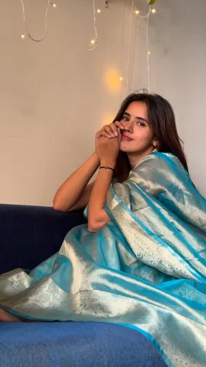 Shimmer Blue Banarasi Soft Tissue Saree