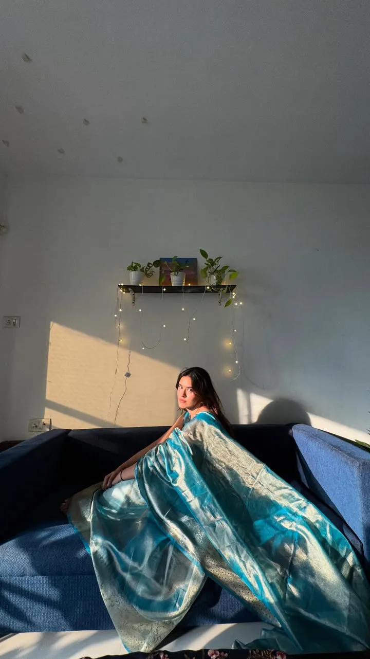 Shimmer Blue Banarasi Soft Tissue Saree