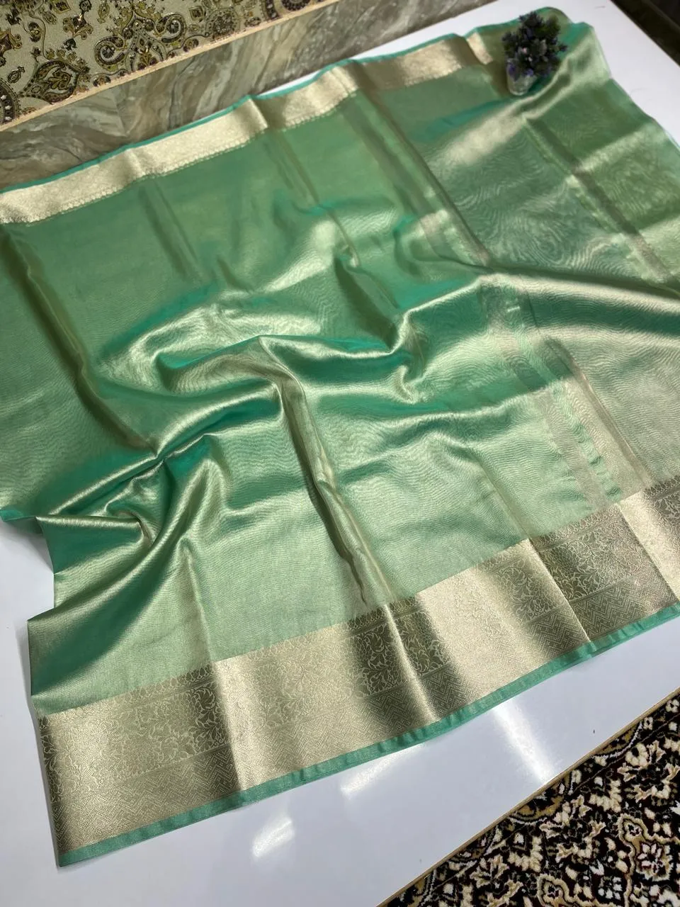 Shimmer Green Banarasi Soft Tissue Saree