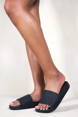 SIMONE TEXTURED STRAP SLIDERS WITH RUBBER SOLE IN BLACK