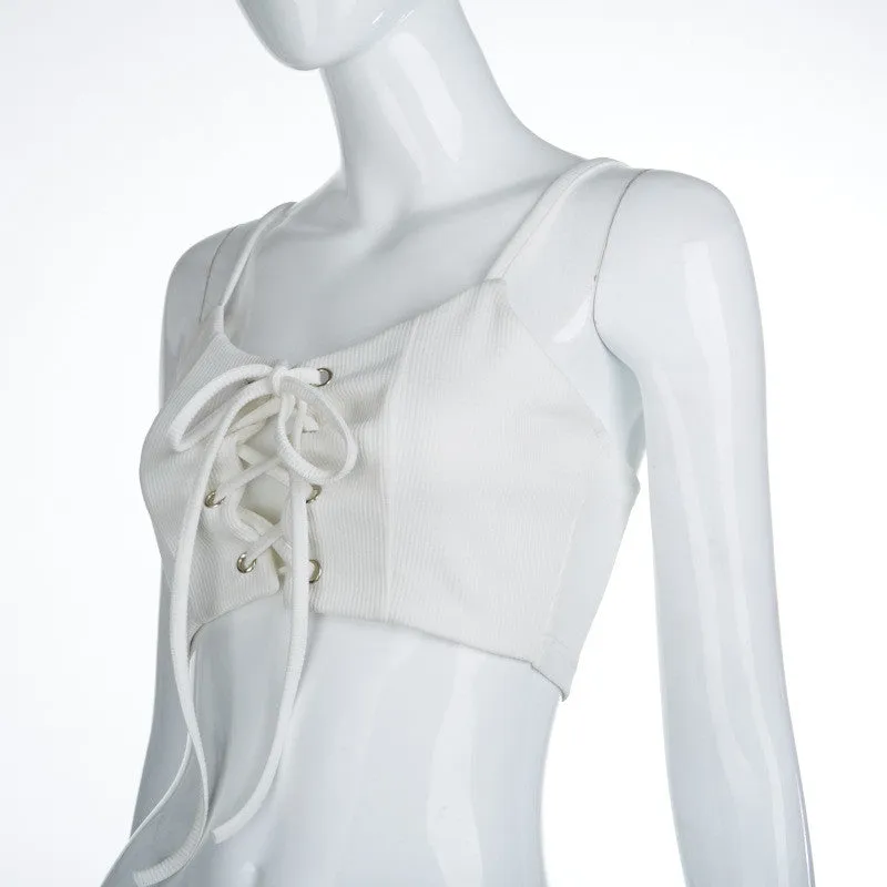 Skater Chic Spaghetti Strap Lace Up Crop Tank