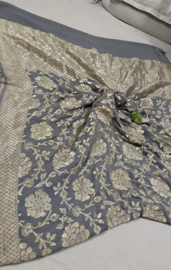 Steel Grey Floral Jaal Banarasi Khaddi Print Saree